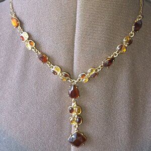 Vintage 90s Brown Amber Gem Gold Toned Statement Necklace